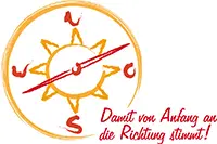 Logo eines Kompasses mit einem Slogan in roter Schrift, umgeben von einem gelben Kreis.
