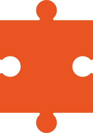 Dunkelorange Puzzlestück mit zwei runden Ausschnitten und abgerundeten Ecken.