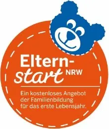 Logo von Elternstart NRW mit einem blauen Bärenkopf und orangefarbener Schrift, die Informationen zur Familienbildung enthält.