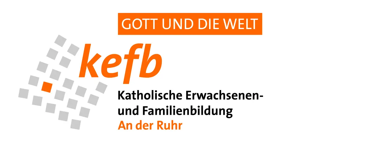 Logo der KEFB, Katholische Erwachsenen- und Familienbildung An der Ruhr, mit orangefarbenem Schriftzug und grafischen Elementen.