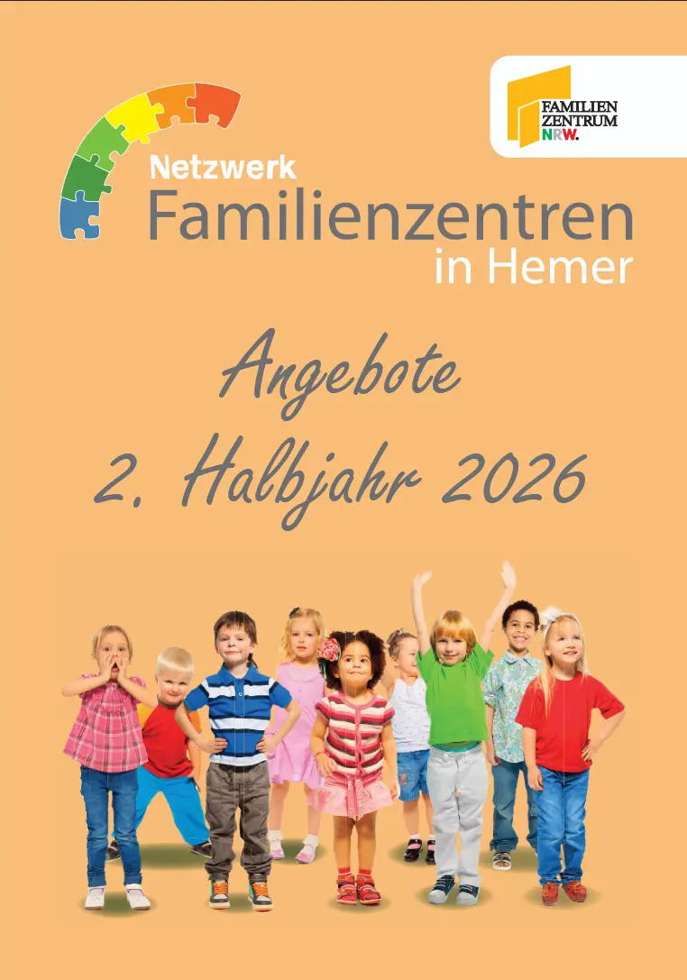 Das Plakat von Netzwerk Familienzentren in Hemer trägt den Titel „Angebote 2. Halbjahr 2026“ und zeigt mehrere Kinder.